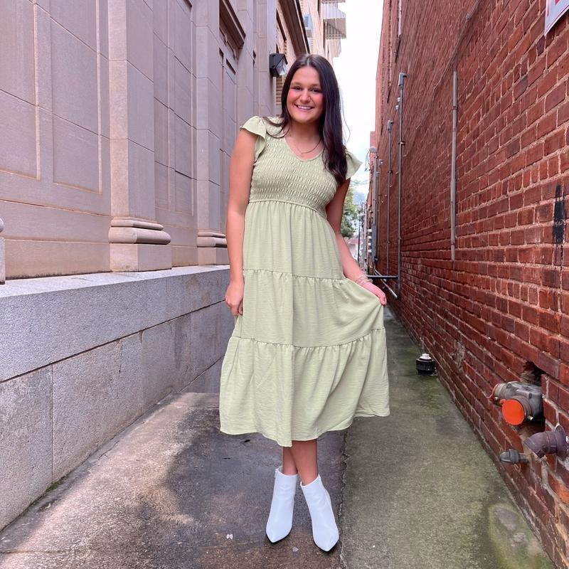 Maxi Green Flutter Sleeve Dress