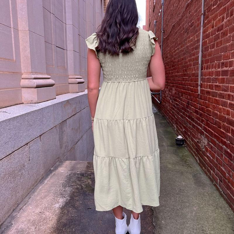 Maxi Green Flutter Sleeve Dress
