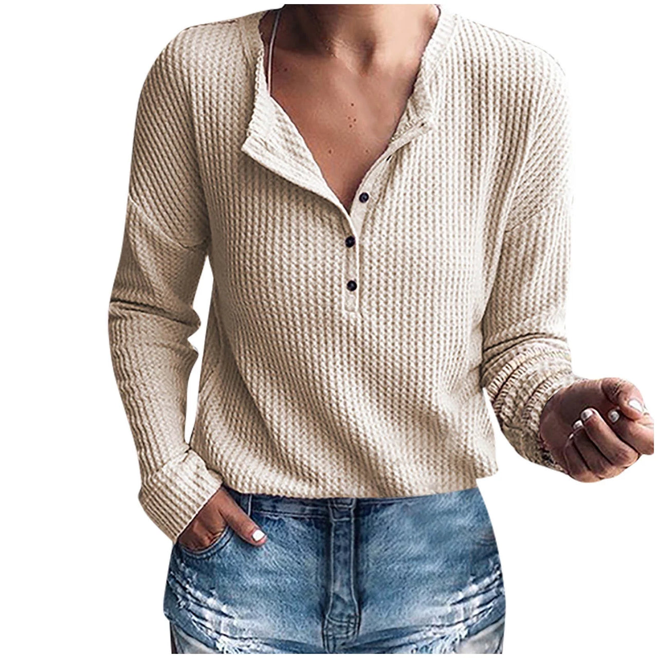 Womens Waffle Knit Button Top