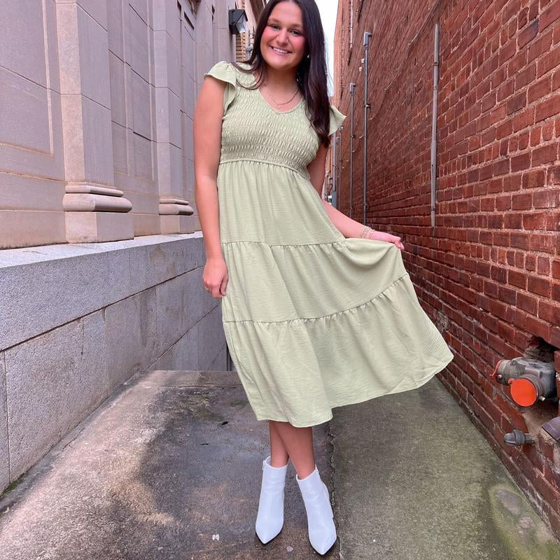 Maxi Green Flutter Sleeve Dress