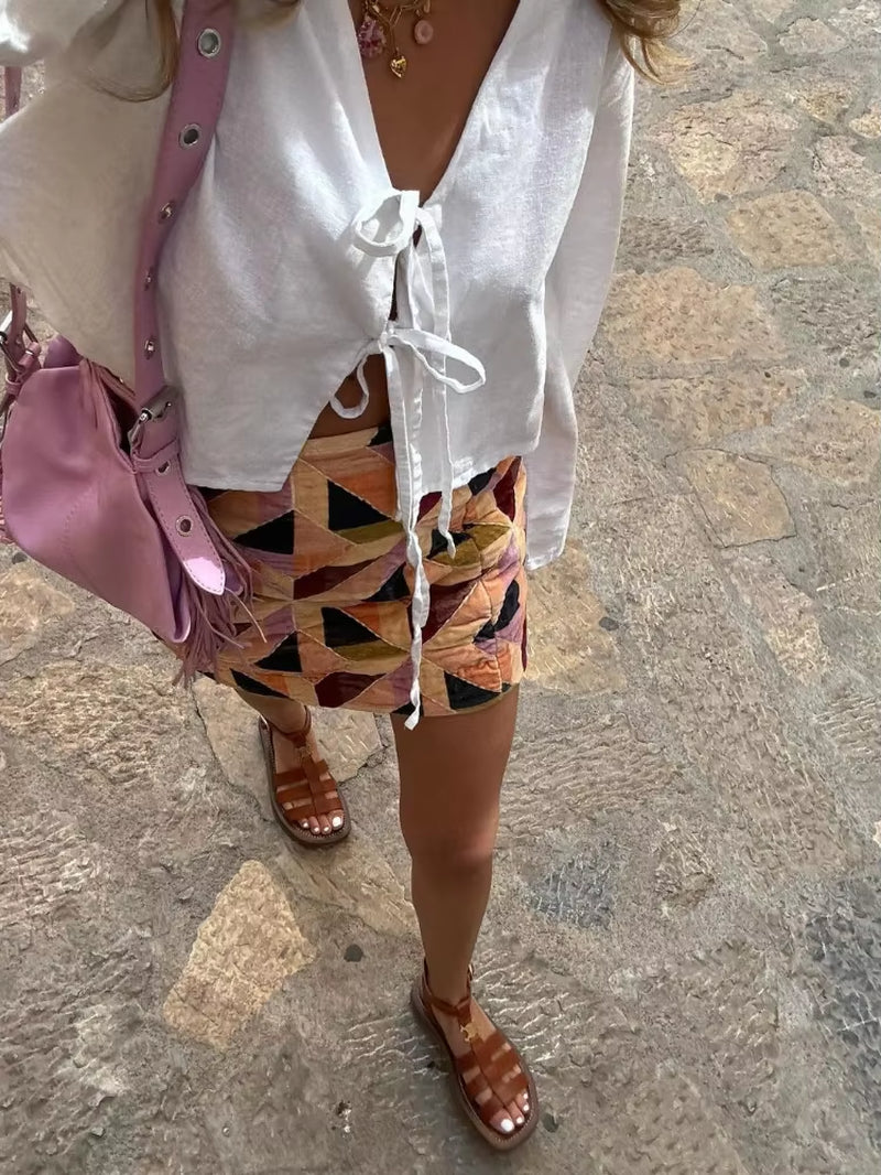 Women Linen Lace up Top