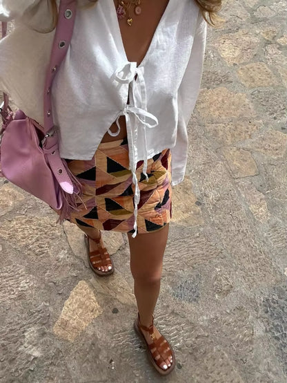 Women Linen Lace up Top