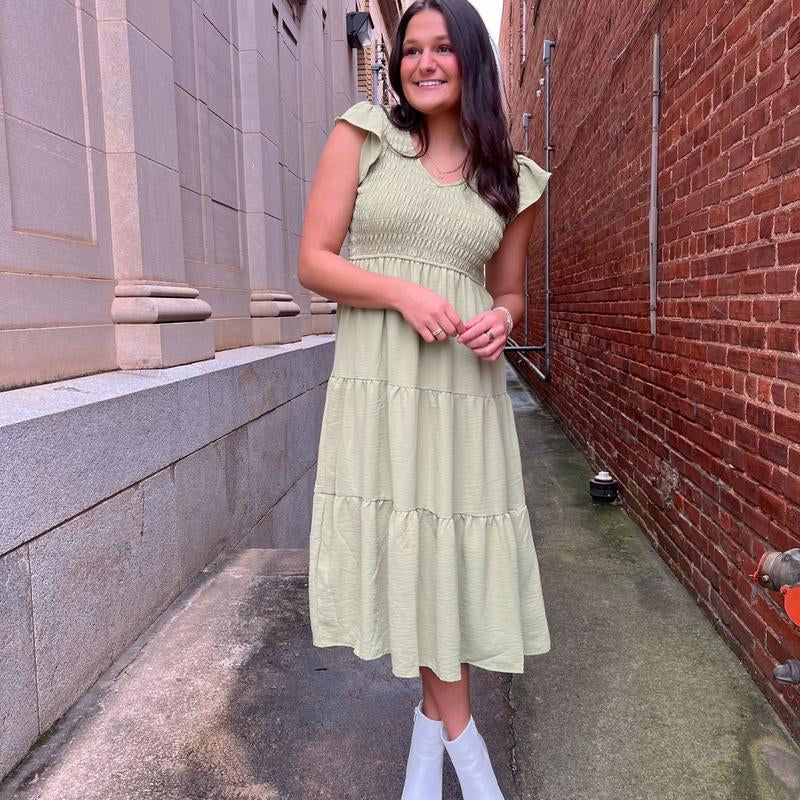 Maxi Green Flutter Sleeve Dress