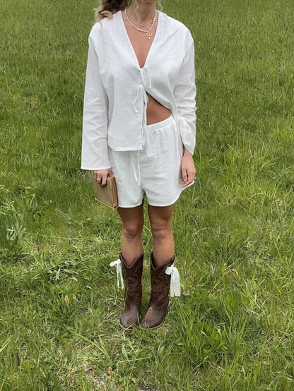 Women Linen Lace up Top